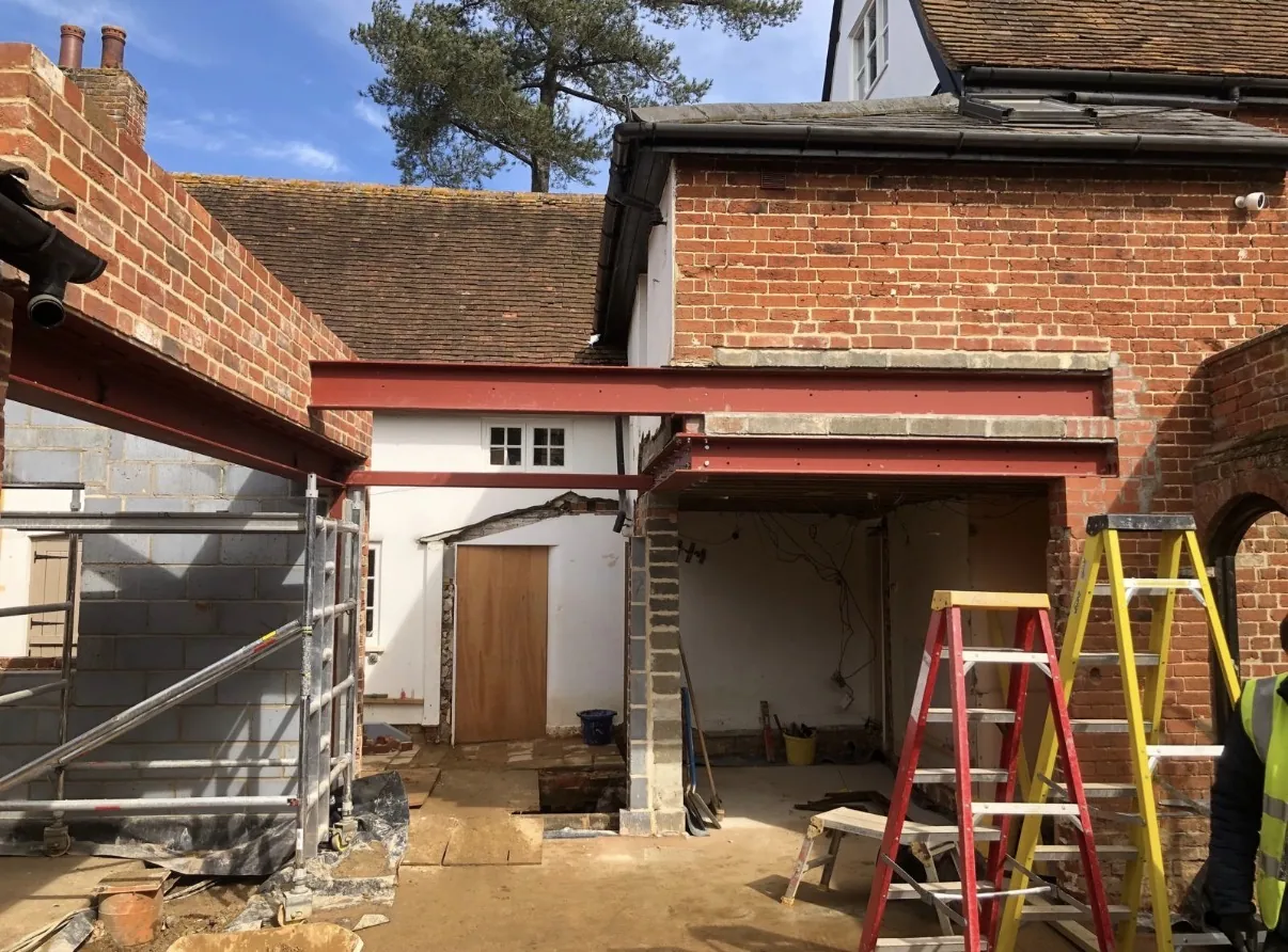 Steel beams being installed during alterations to a building